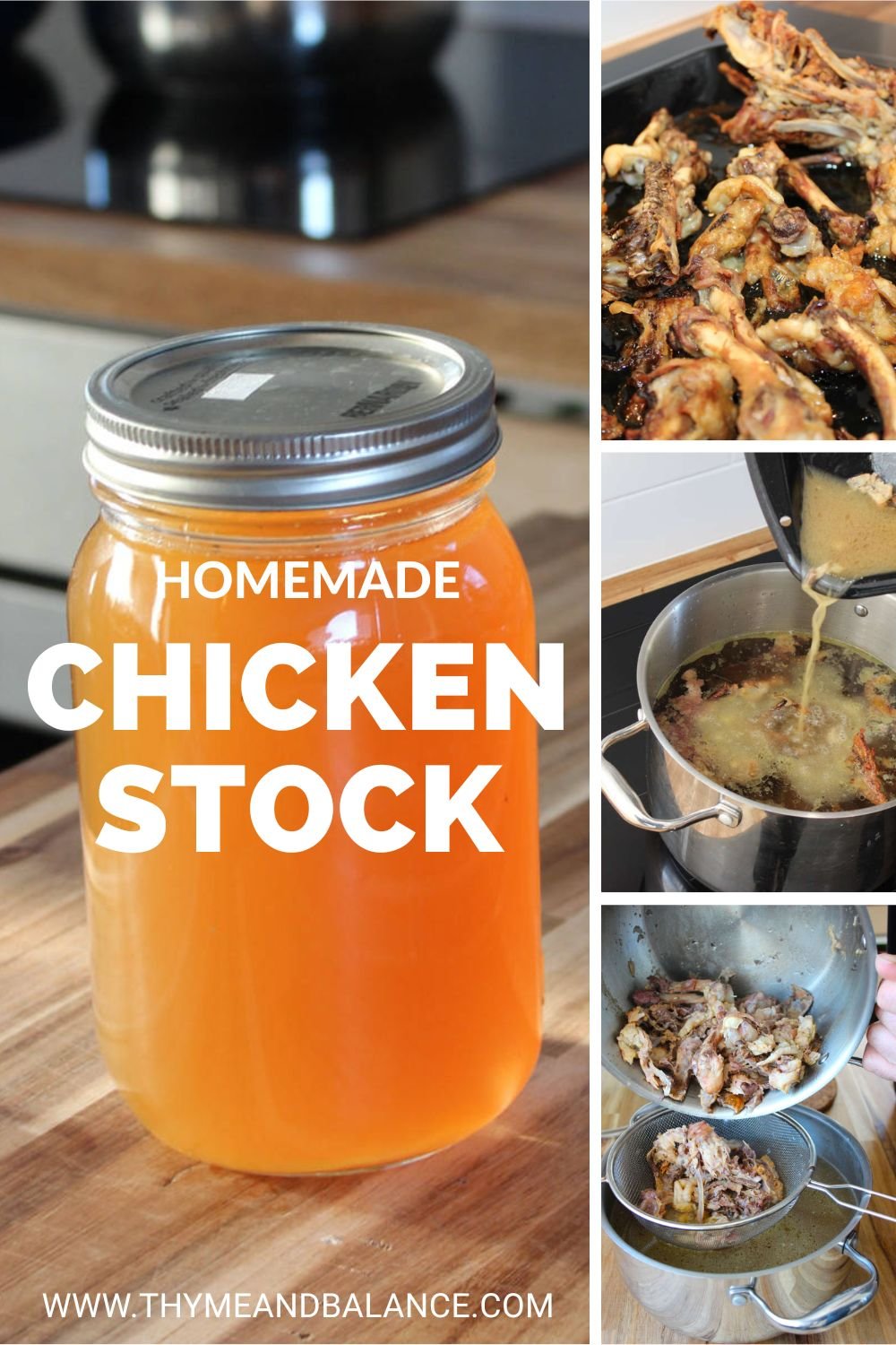 Homemade chicken stock preparation featuring roasted chicken bones on a baking tray and a jar of golden chicken stock, labeled AIP compliant by Thyme and Balance.