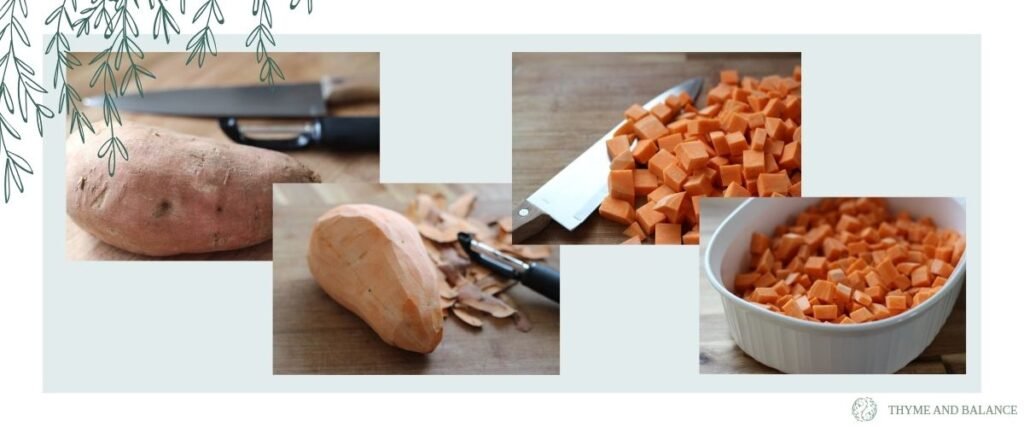 Image collage showing the steps of microwaving cubed sweet potato with images showing a whole sweet potato, one that is peeled, one that is diced, and the diced sweet potato in a microwave safe dish.