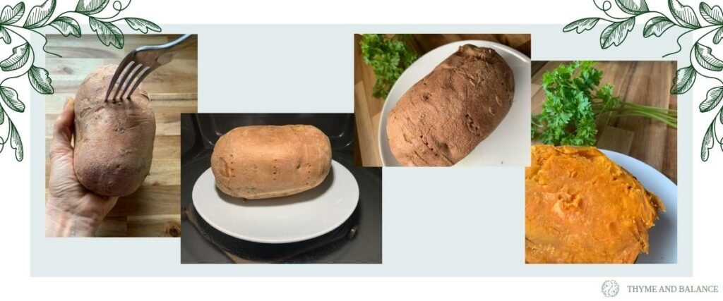 Image collage showing the steps of microwaving whole sweet potato with images showing a whole sweet potato being punctured by a fork, a sweet potato in the microwave, a wrinkly looking sweet potato once it has been microwaved and a creamy cooked sweet potato.