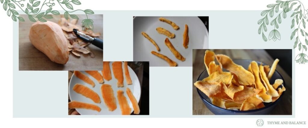 Image collage showing the steps of microwaving sweet potato crisps with images showing a whole peeled sweet potato, slices of sweet potato on a plate before microwaving and then again during. The last image shows a bowl with crispy sweet potato chips.