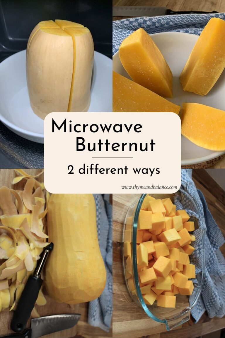 pictures showing butternut and how to microwave it in two different ways. Text reads microwave butternut 2 different ways.