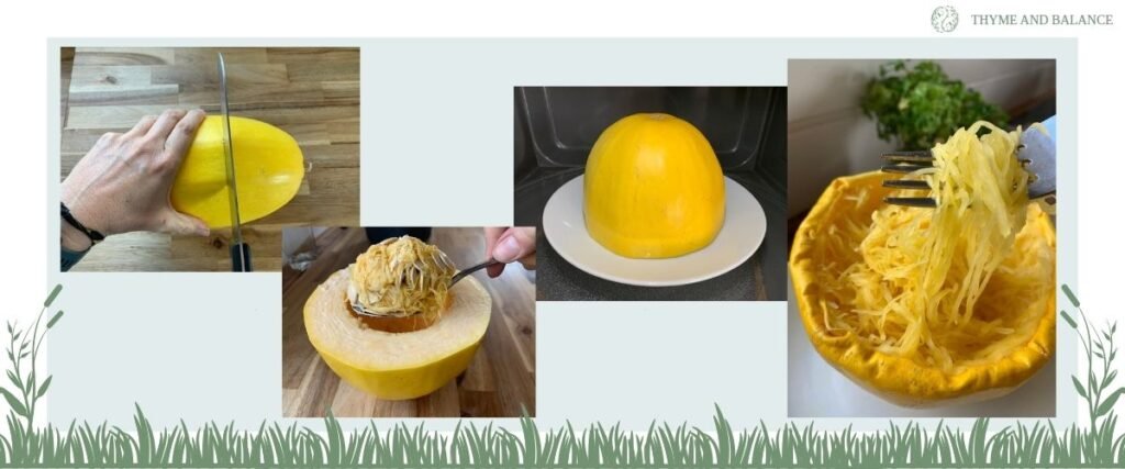 Step-by-step images showing how to microwave spaghetti squash: slicing, removing seeds, microwaving, and scraping into strands.