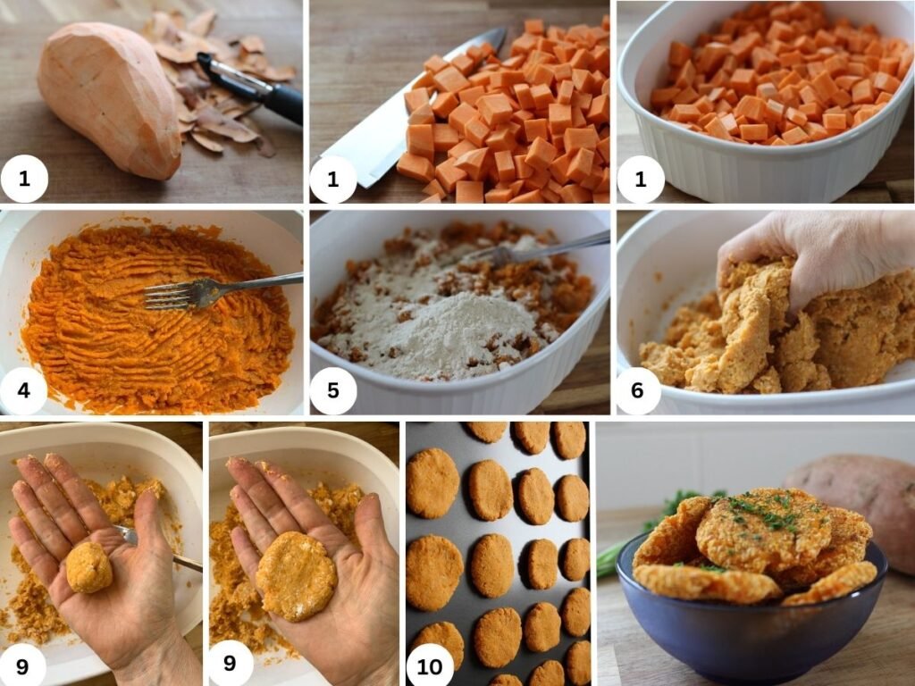 A step by step guide showing the different steps of making sweet potato patties