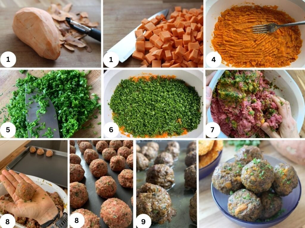A step by step guide showing the different steps of making sweet potato and spinach meatballs