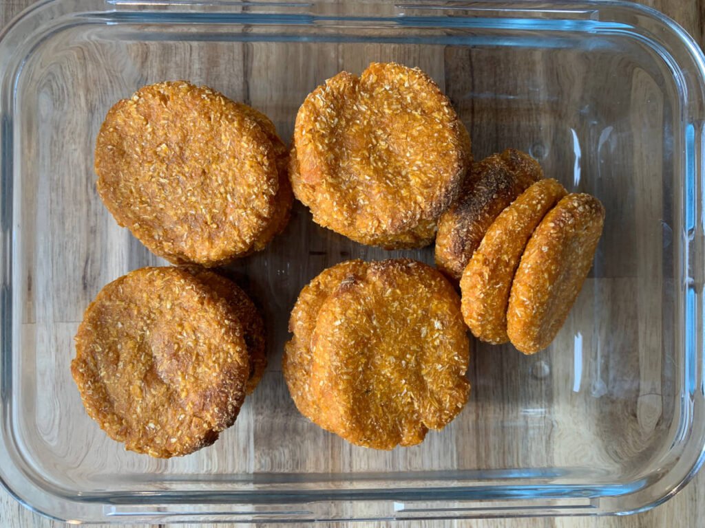 Sweet Potato patties store well, pictured here in a glass container