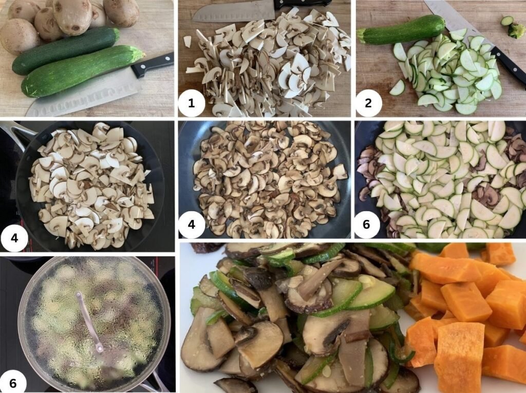 The different steps of how to make AIP breakfast vegetables. Steps show mushrooms and zucchini sliced up, then fried and steams and finishes off with the vegetables served on a plate