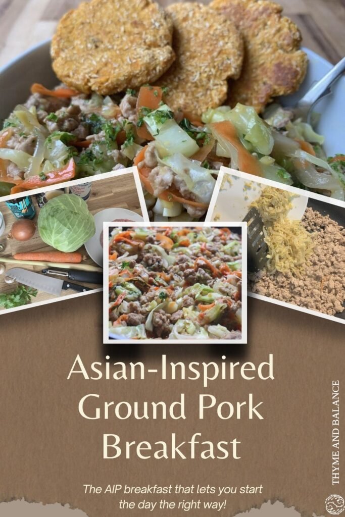 4 pictures showing different steps of making asian-inspired ground pork. On picture shows some ingredients, another shows the process of cooking and two pictures with the finished meal. The text on the poster reads Asian-inspired Ground Pork Breakfast. The AIP breakfast that lets you start the day the right way.