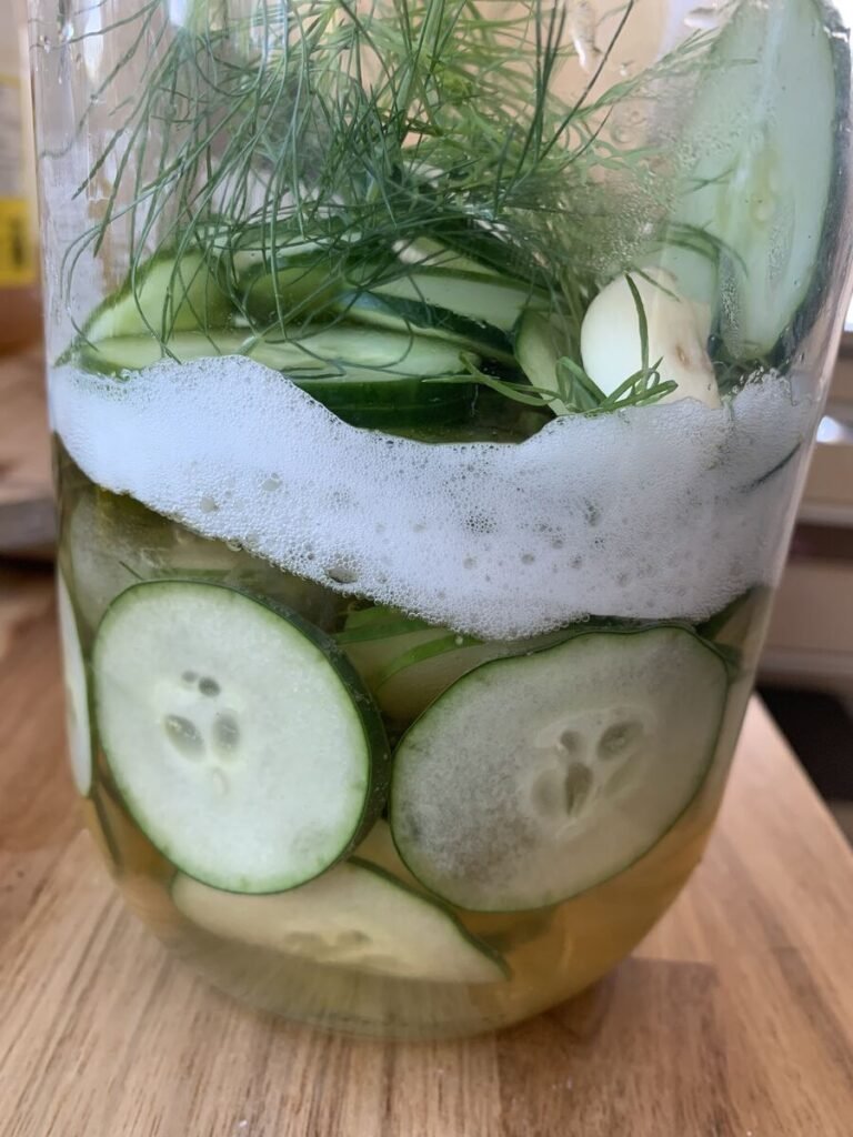 Glass jar half filled with sliced cucumbers, garlic and dill and some pickling juice. All ingredients are AIP compliant.