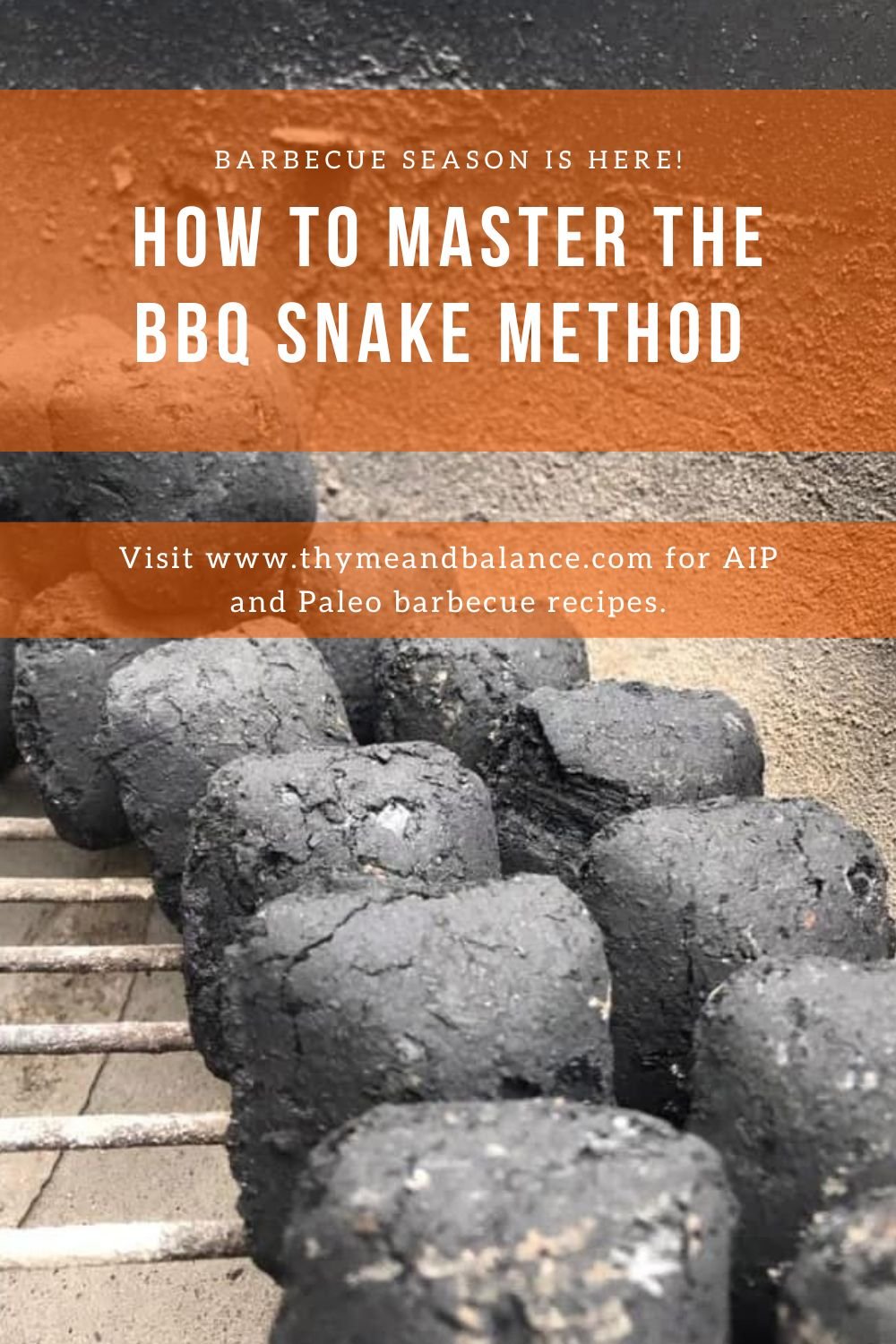 Close-up image of charcoal briquettes arranged in the BBQ snake method inside a kettle grill. Text overlay reads