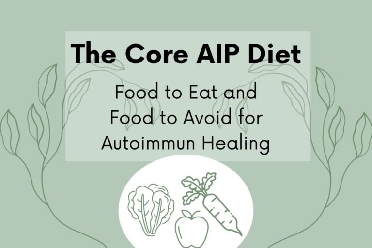 Graphic titled ‘The Core AIP Diet: Food to Eat and Food to Avoid for Autoimmune Healing’ with green background, leaf illustrations, and a circular icon showing lettuce, carrot, and apple. Represents dietary guidelines for autoimmune support.