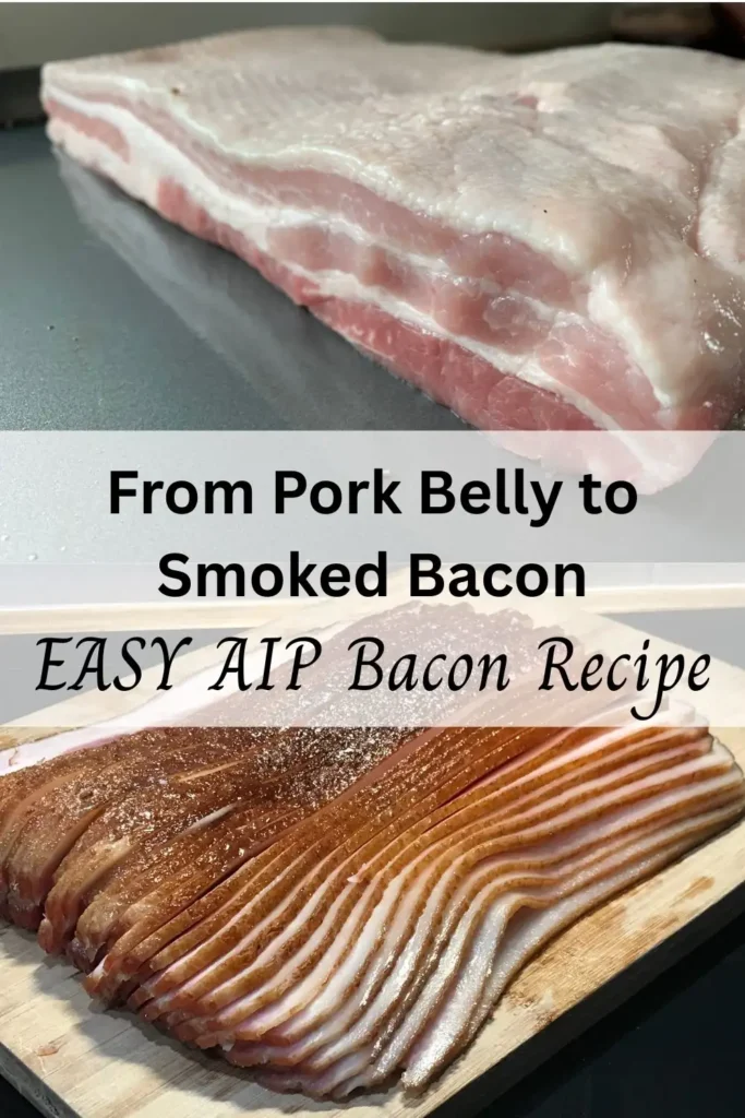 Pork belly before and after being turned into smoked bacon with a close-up view of the sliced bacon.