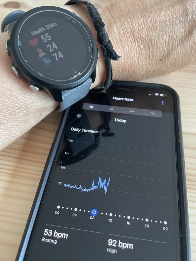 Womans wrist with a garmin watch showing hear rate, stress and body battery. Next to it is a cellphone showing the heart rate tracking for a day, with low heart rate of 53bpm and high of 92bpm