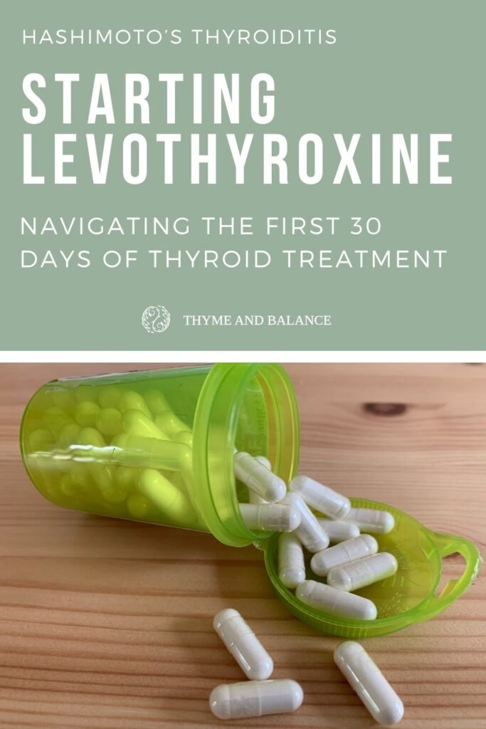 Starting Levothyroxine for hashimoto's thyroiditis the first 30 days with an image of a yellow pill container and some white capsules