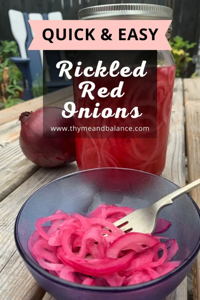 Homemade quick and easy pickled red onions in a jar and bowl on a wooden table.