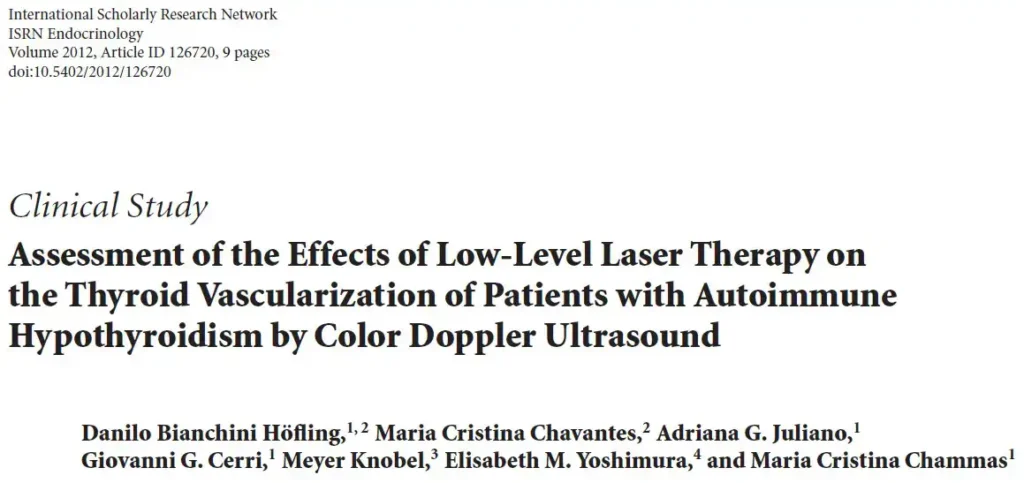 screen grab from a scientific paper titled: Assessment of the Effects of Low-Level Laser Therapy on the Thyroid Vascularization of Patients with Autoimmune Hypothyroidism by Color Doppler Ultrasound by Höfling et al. 2012
