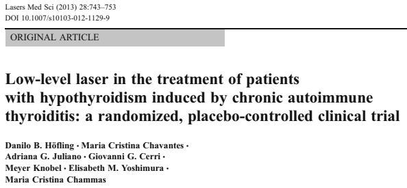 screen grab from a scientific paper titled: Low-level laser in the treatment of patients with hypothyroidism induced by chronic autoimmune thyroiditis: a randomized, placebo-controlled clinical trial by Höfling et al. 2013