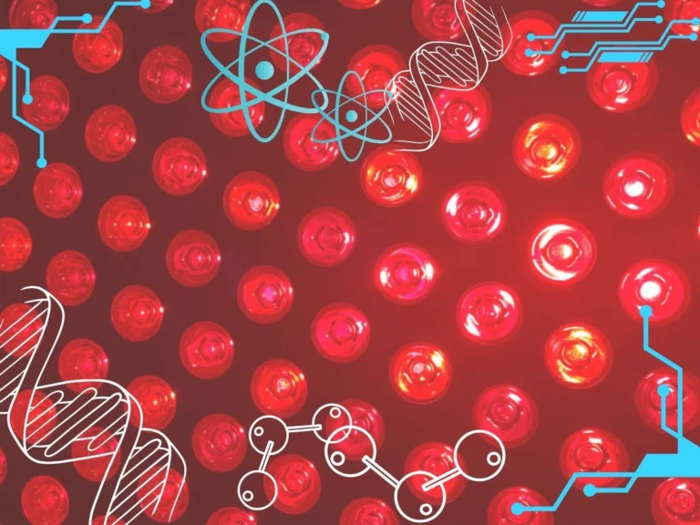 Decorative image of a red light panel overlaid with some science elements