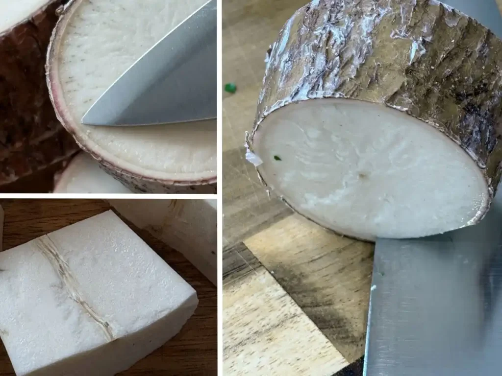 image collage: first image shows a slice of unpeeled cassava with the knife pointing to where to cut the peel off. The second image shows a knife peeling a slice of cassava. The third image shows a peeled slice cut in half, showing the fibrous core.
