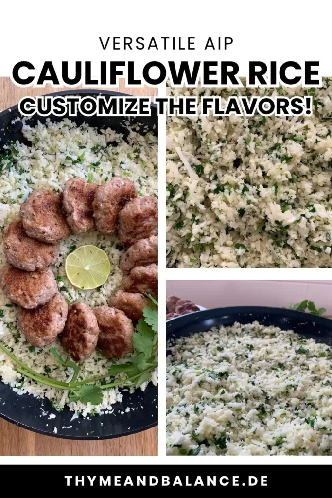 Plate of AIP pork sausage patties served over AIP cauliflower rice prepared with lime and cilantro.